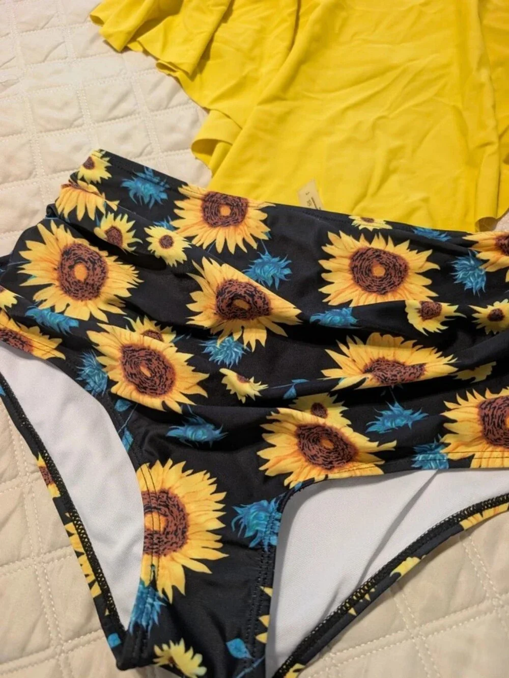 Yellow Ruffle Tankini Top with Sunflower High-Waist Bottoms